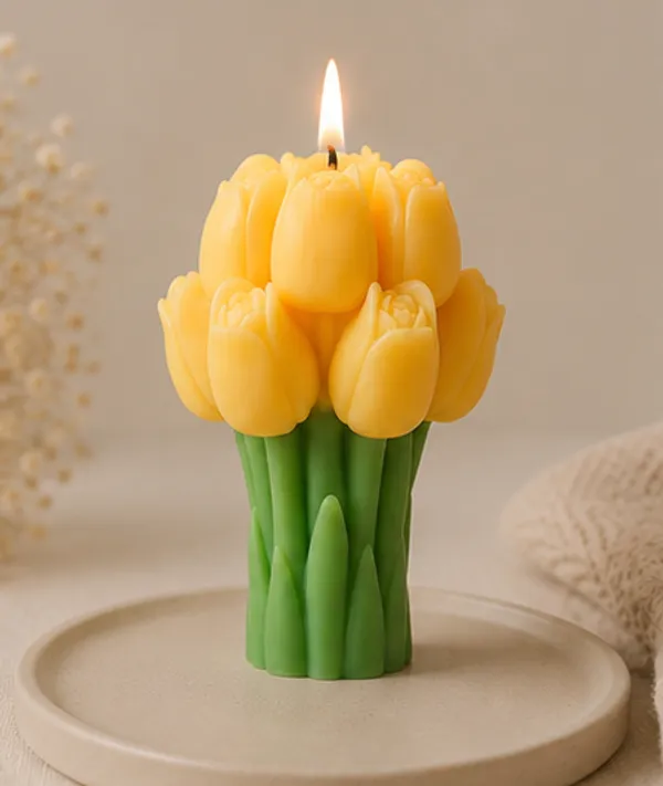 Yellow_Tulip_Bouquet_Decorative_Candle_With_Green_Base