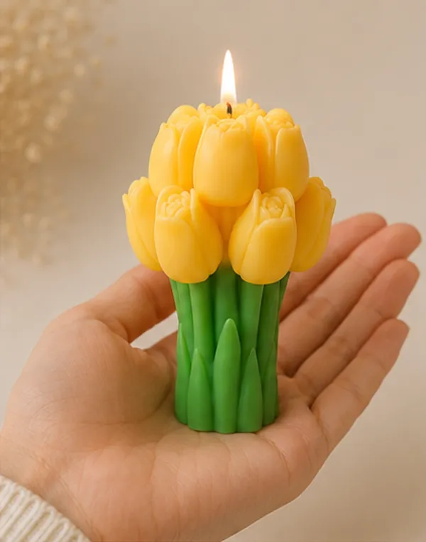 Yellow_Tulip_Bouquet_Decorative_Candle_With_Green_Base