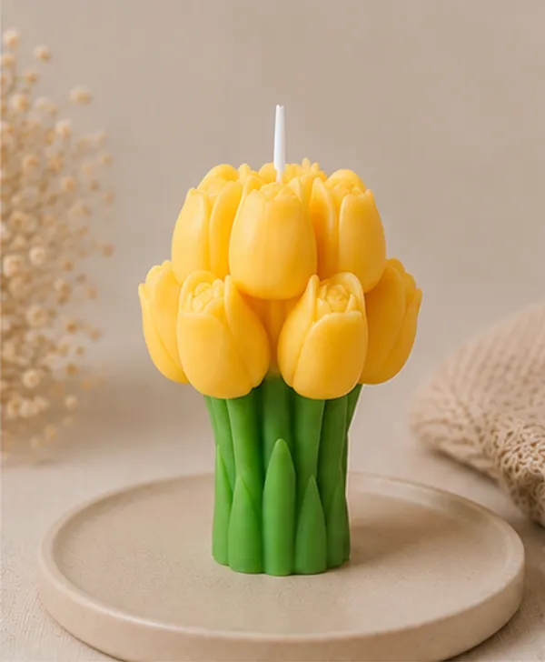 Yellow_Tulip_Bouquet_Decorative_Candle_With_Green_Base