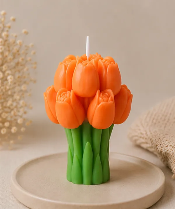 Orange_Tulip_Bouquet_Decorative_Candle_With_Green_Base