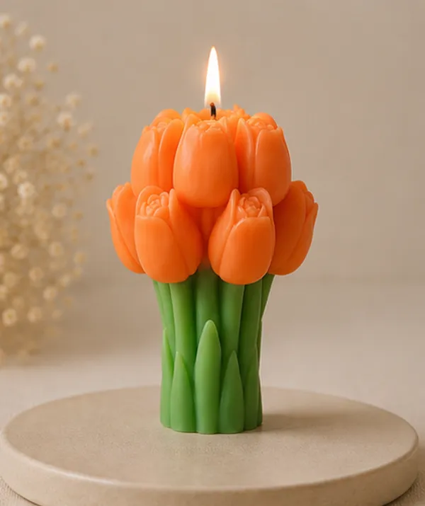 Orange_Tulip_Bouquet_Decorative_Candle_With_Green_Base