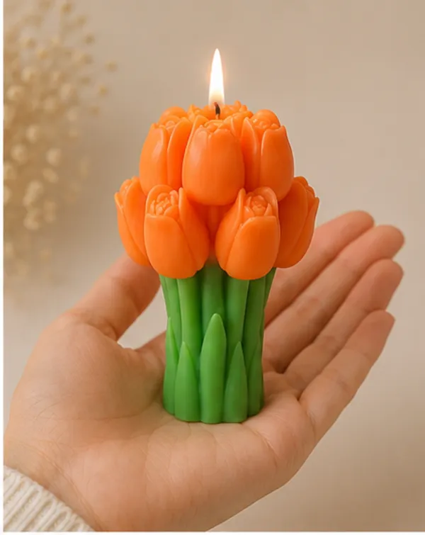 Orange_Tulip_Bouquet_Decorative_Candle_With_Green_Base