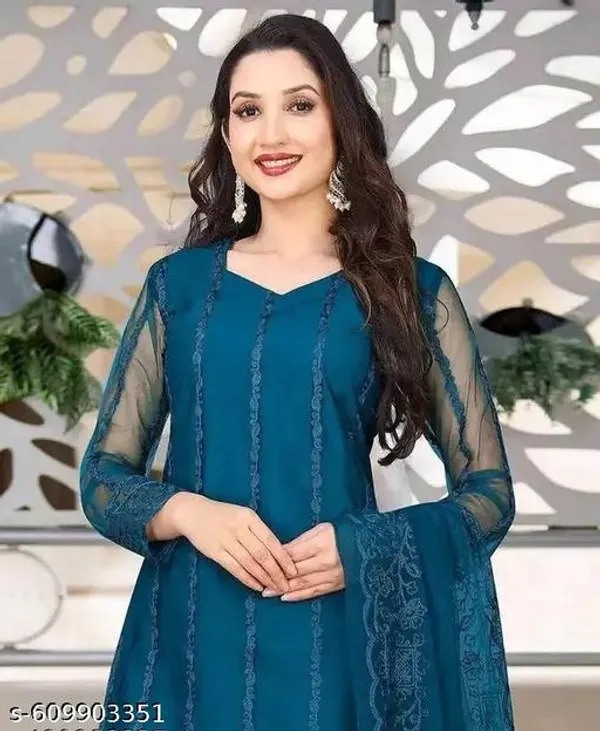 Teal_Net_Stylish_Kurta_Set_For_Women