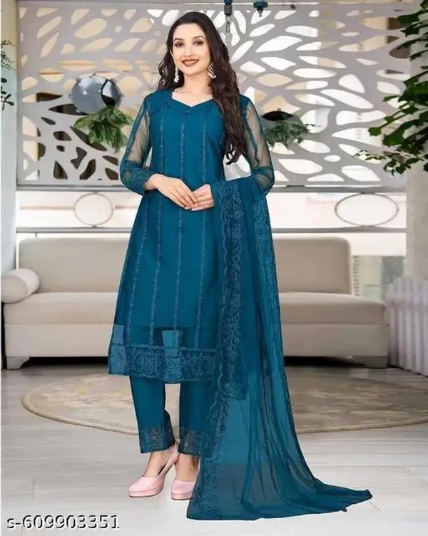 Teal_Net_Stylish_Kurta_Set_For_Women