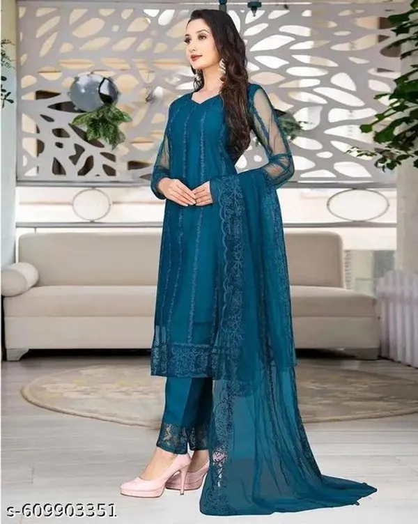 Teal_Net_Stylish_Kurta_Set_For_Women