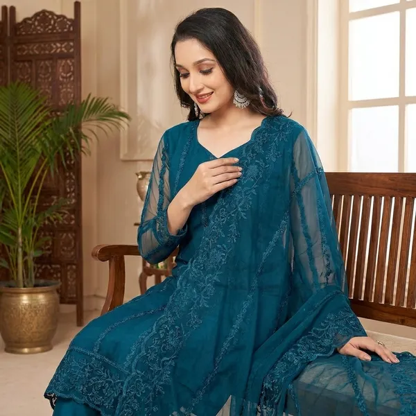 Teal_Net_Stylish_Kurta_Set_For_Women