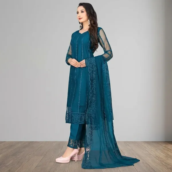 Teal_Net_Stylish_Kurta_Set_For_Women
