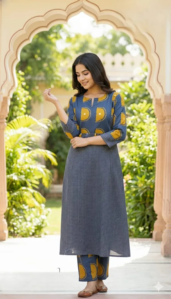 Blue_and_Mustard_Printed_Kurta_Set_with_Pants