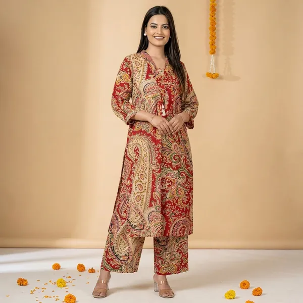 Women's_Red_&_Beige_Paisley_Print_Co-ord_Set_-_Kurta_and_Palazzo