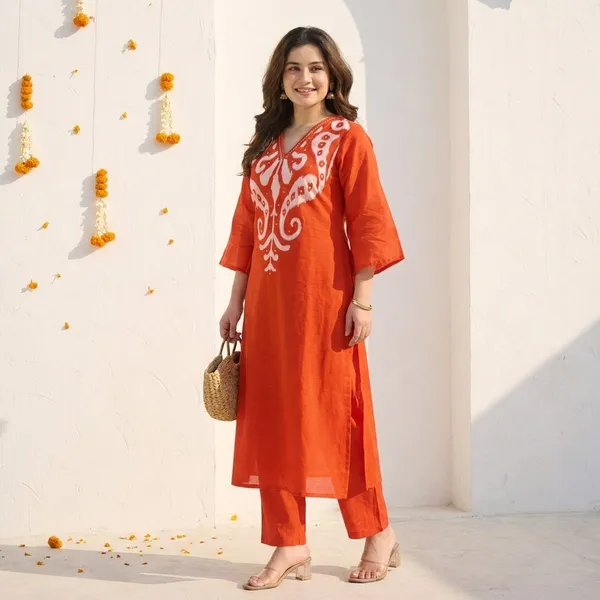 Orange_Colour_Embroidered_Kurta_Pant_Set