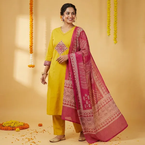 Yellow_Ethnic_Kurta_Pant_Set_with_Pink_Dupatta_-_Traditional_Indian_Dress