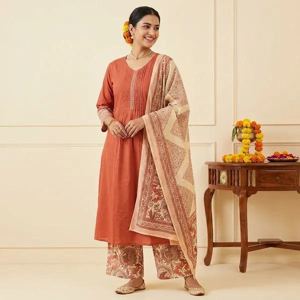 Coral_Kurta_Set_with_Floral_Printed_Dupatta_and_Palazzo
