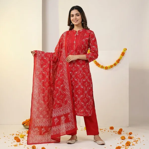Red_Bandhani_Print_Cotton_Kurta_Palazzo_Set_With_Dupatta