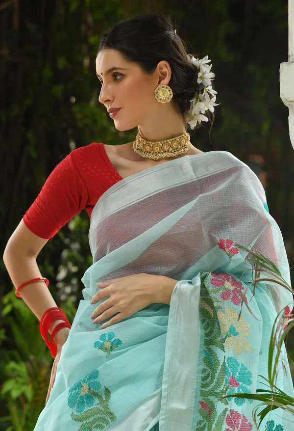 Kotadoria_Ice_Blue_Cotton_Saree_For_Women