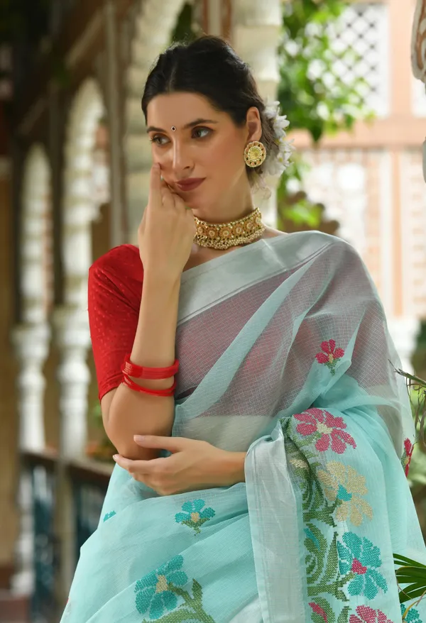 Kotadoria_Ice_Blue_Cotton_Saree_For_Women