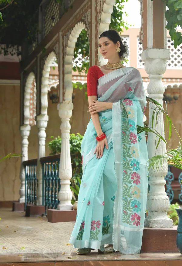 Kotadoria_Ice_Blue_Cotton_Saree_For_Women