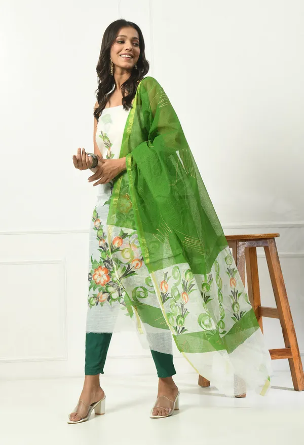 Kotadoria_White_And_Green_Cotton_Unstitched_Suit_Set_For_Women
