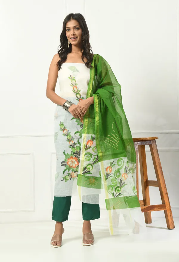 Kotadoria_White_And_Green_Cotton_Unstitched_Suit_Set_For_Women