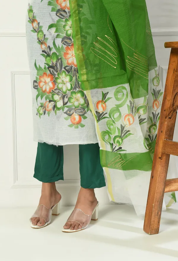 Kotadoria_White_And_Green_Cotton_Unstitched_Suit_Set_For_Women