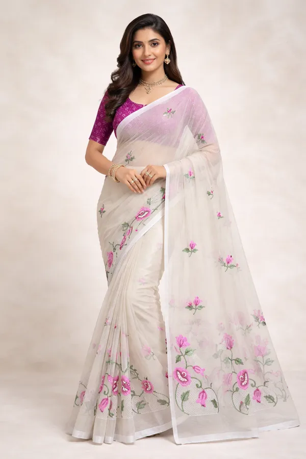 Kotadoria_Cream_Kota_Doria_Pure_Cotton_Chikankari_Saree_For_Women