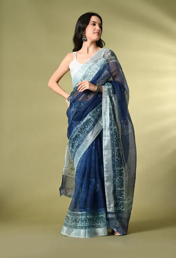 Kotadoria_Navy_Blue_Cotton_Saree_For_Women