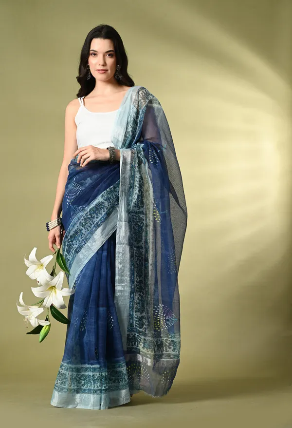 Kotadoria_Navy_Blue_Cotton_Saree_For_Women