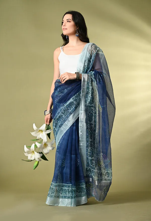 Kotadoria_Navy_Blue_Cotton_Saree_For_Women