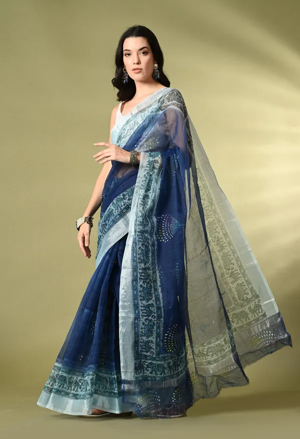 Kotadoria_Navy_Blue_Cotton_Saree_For_Women