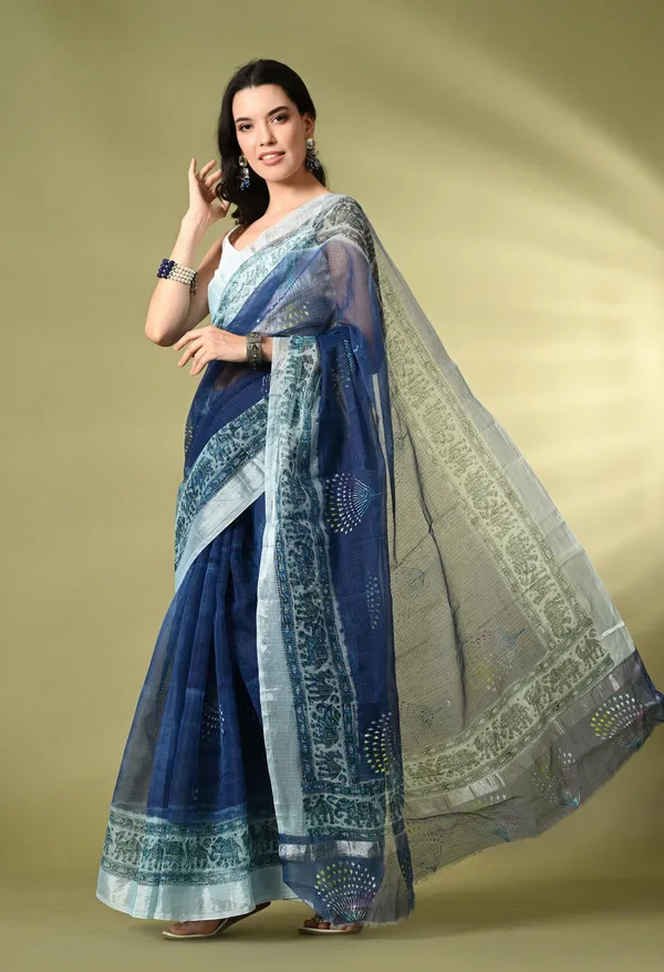 Kotadoria_Navy_Blue_Cotton_Saree_For_Women