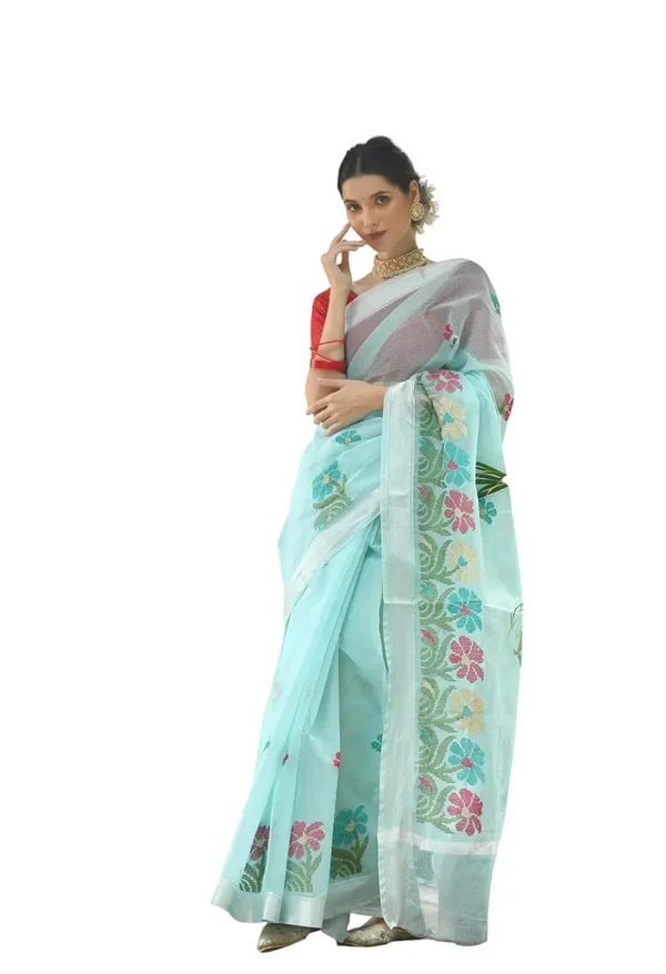 Kotadoria_Light_Blue_Kota_Doria_Pure_Cotton_Chikankari_Saree_For_Women