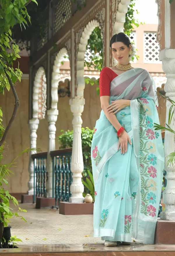 Kotadoria_Light_Blue_Kota_Doria_Pure_Cotton_Chikankari_Saree_For_Women
