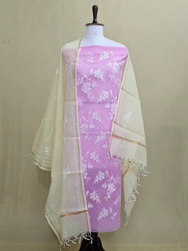 Kota_Doria_Cotton_Blend_Embroidered_Suit_Set_for_Women_|_Pink_Floral_Embroidery_Top,_Bottom_&_Lemon_Dupatta_|_3_Piece_Ethnic_Dress_Material