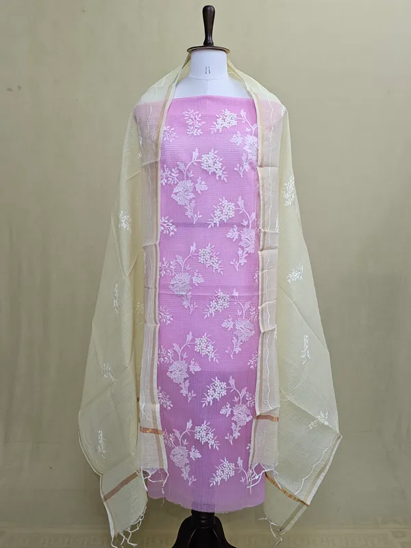 Kota_Doria_Cotton_Blend_Embroidered_Suit_Set_for_Women_|_Pink_Floral_Embroidery_Top,_Bottom_&_Lemon_Dupatta_|_3_Piece_Ethnic_Dress_Material