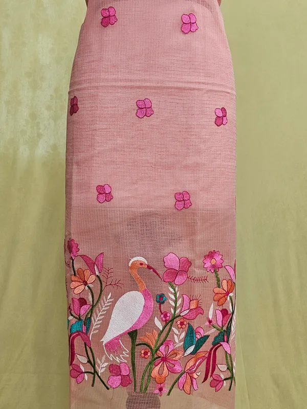 Peach_Kota_Doria_Embroidered_Suit_Set_with_Bottom_&_Dupatta_|_Floral_&_Bird_Embroidery_|_3_Piece_Unstitched_Dress_Materia