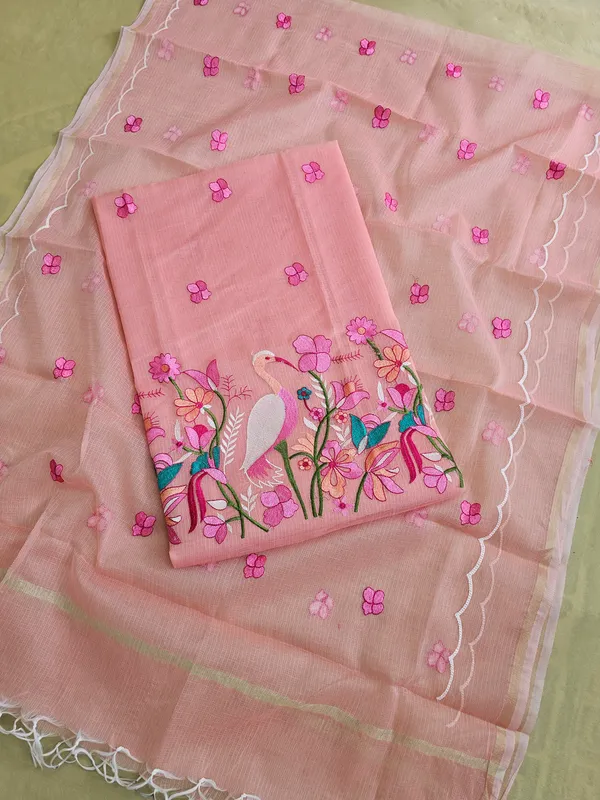 Peach_Kota_Doria_Embroidered_Suit_Set_with_Bottom_&_Dupatta_|_Floral_&_Bird_Embroidery_|_3_Piece_Unstitched_Dress_Materia
