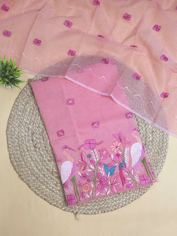 Peach_Kota_Doria_Embroidered_Suit_Set_with_Bottom_&_Dupatta_|_Floral_&_Bird_Embroidery_|_3_Piece_Unstitched_Dress_Materia