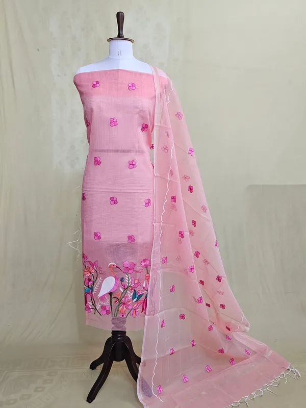 Peach_Kota_Doria_Embroidered_Suit_Set_with_Bottom_&_Dupatta_|_Floral_&_Bird_Embroidery_|_3_Piece_Unstitched_Dress_Materia