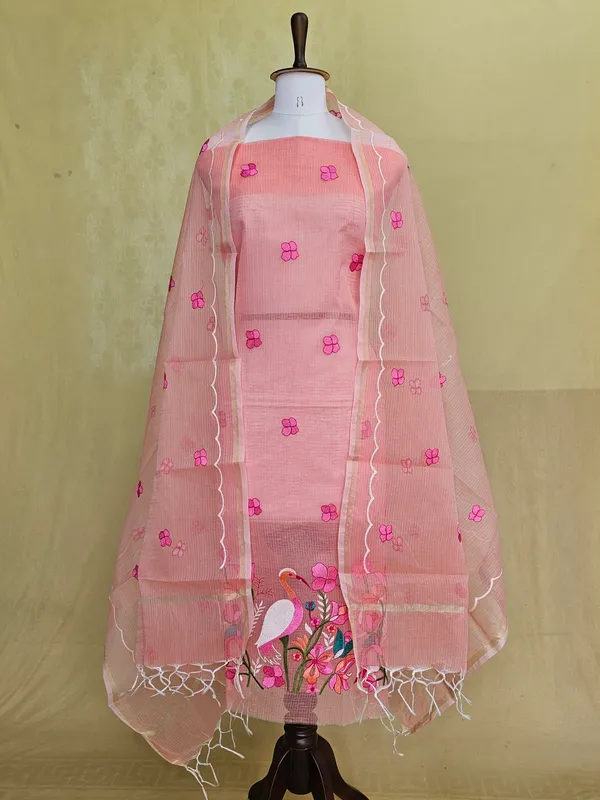 Peach_Kota_Doria_Embroidered_Suit_Set_with_Bottom_&_Dupatta_|_Floral_&_Bird_Embroidery_|_3_Piece_Unstitched_Dress_Materia