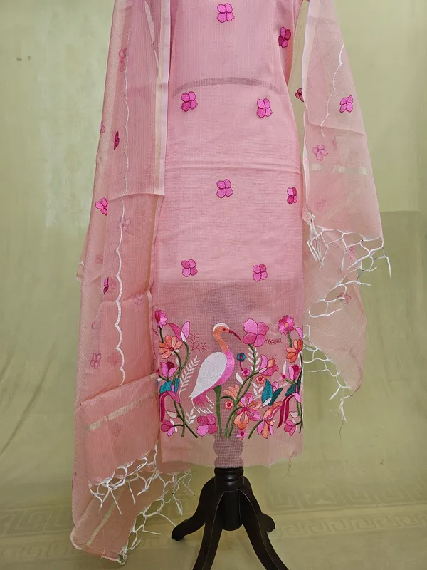 Peach_Kota_Doria_Embroidered_Suit_Set_with_Bottom_&_Dupatta_|_Floral_&_Bird_Embroidery_|_3_Piece_Unstitched_Dress_Materia