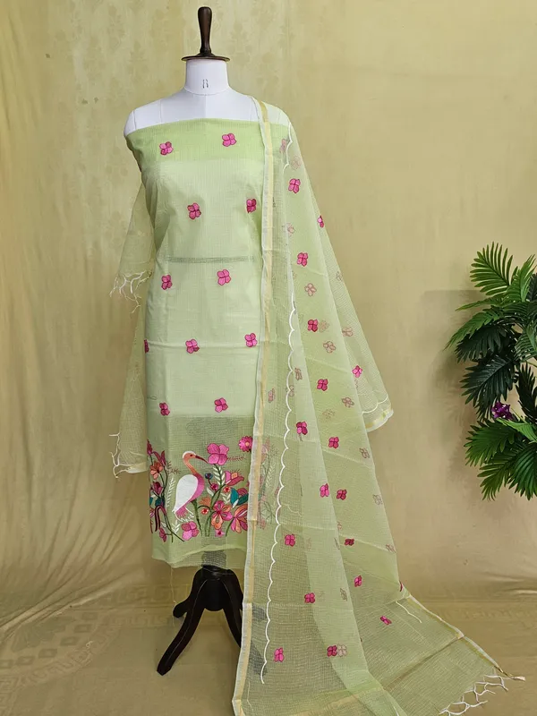 Piata_green_Kota_Doria_Embroidered_Suit_Set_with_Bottom_&_Dupatta_|_Floral_&_Bird_Embroidery_|_3_Piece_Unstitched_Dress_Material