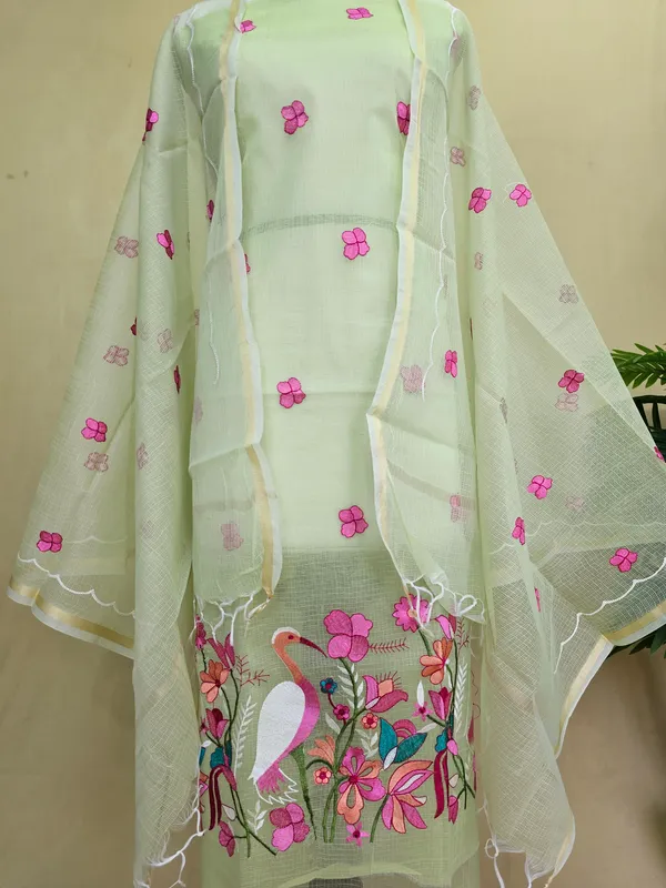 Piata_green_Kota_Doria_Embroidered_Suit_Set_with_Bottom_&_Dupatta_|_Floral_&_Bird_Embroidery_|_3_Piece_Unstitched_Dress_Material