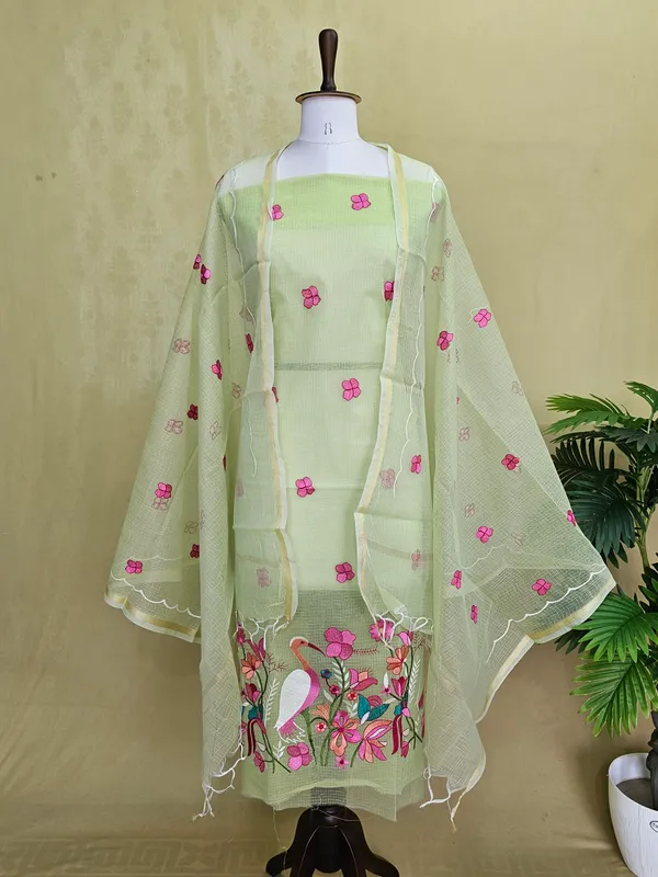 Piata_green_Kota_Doria_Embroidered_Suit_Set_with_Bottom_&_Dupatta_|_Floral_&_Bird_Embroidery_|_3_Piece_Unstitched_Dress_Material