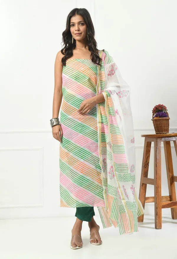 Kotadoria_Green_Kota_Doria_Cotton_Unstitched_Suit_Set_For_Women