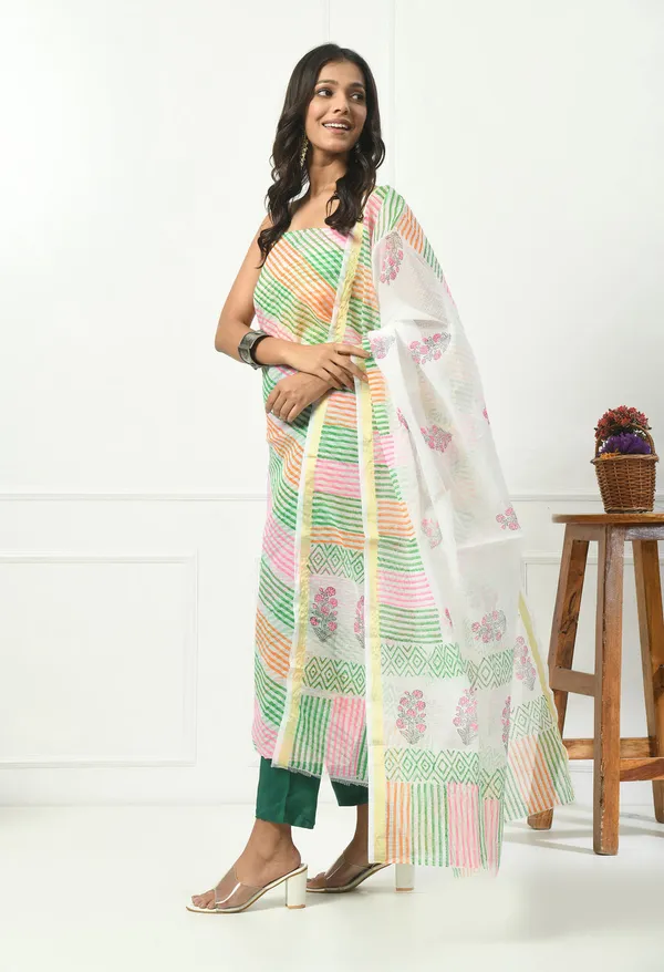 Kotadoria_Green_Kota_Doria_Cotton_Unstitched_Suit_Set_For_Women