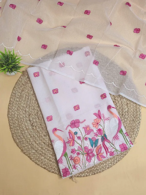 White_Kota_Doria_Embroidered_Suit_Set_with_Bottom_&_Dupatta_|_Floral_&_Bird_Embroidery_|_3_Piece_Unstitched_Dress_Material