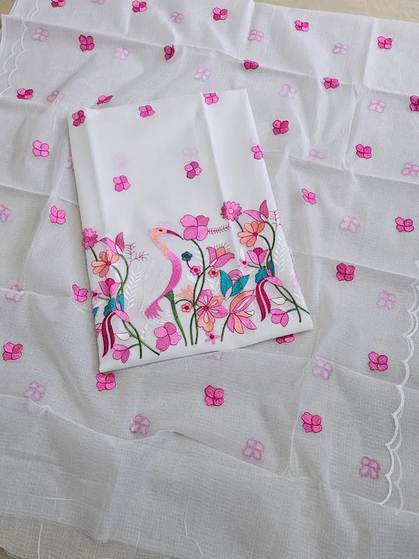 White_Kota_Doria_Embroidered_Suit_Set_with_Bottom_&_Dupatta_|_Floral_&_Bird_Embroidery_|_3_Piece_Unstitched_Dress_Material