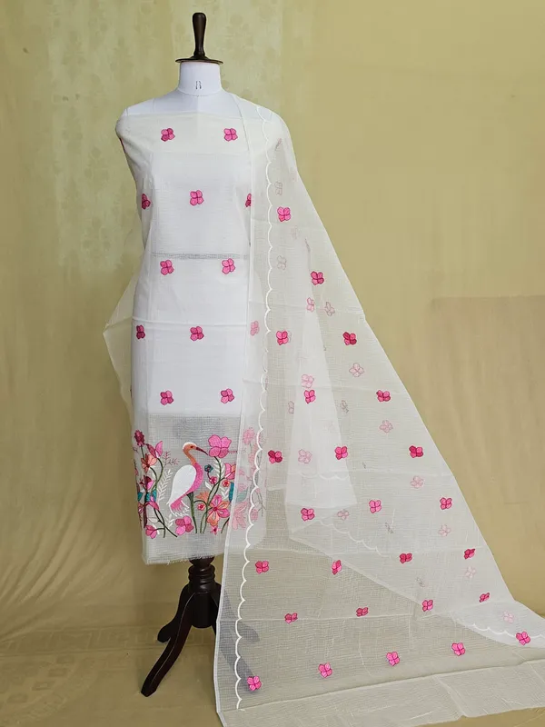 White_Kota_Doria_Embroidered_Suit_Set_with_Bottom_&_Dupatta_|_Floral_&_Bird_Embroidery_|_3_Piece_Unstitched_Dress_Material