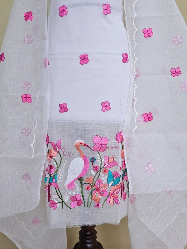 White_Kota_Doria_Embroidered_Suit_Set_with_Bottom_&_Dupatta_|_Floral_&_Bird_Embroidery_|_3_Piece_Unstitched_Dress_Material