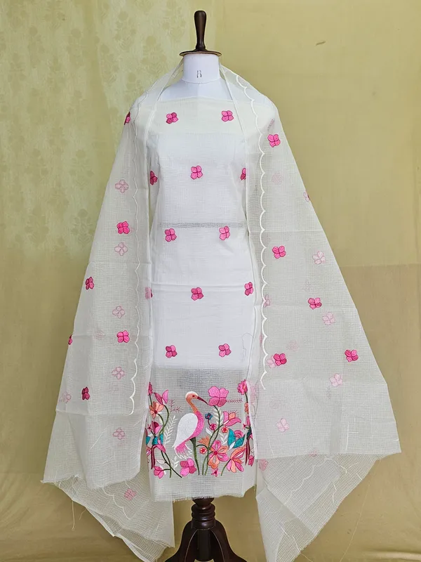 White_Kota_Doria_Embroidered_Suit_Set_with_Bottom_&_Dupatta_|_Floral_&_Bird_Embroidery_|_3_Piece_Unstitched_Dress_Material