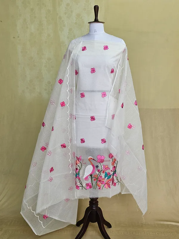 White_Kota_Doria_Embroidered_Suit_Set_with_Bottom_&_Dupatta_|_Floral_&_Bird_Embroidery_|_3_Piece_Unstitched_Dress_Material
